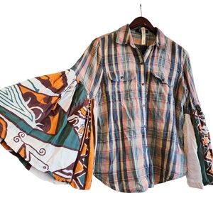 THE MORGAN FACTORY UPCYCLED PLAID LONG SLEEVE TOP BUTTUN DOWN SIZE MEDIUM